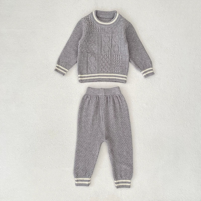 Arrival Autumn Baby Unisex Long Sleeves Geometric Jacquard Pattern Knitted Top Sweater and Long Trousers Clothing Set