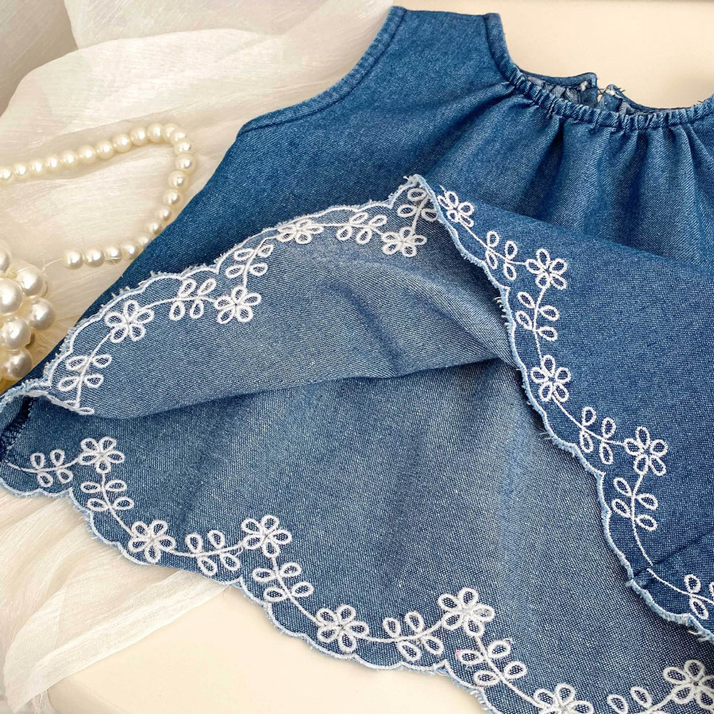 Summer Baby Kids Girls Flowers Pattern Embroidered Sleeveless Top and Pants Denim Clothing Set