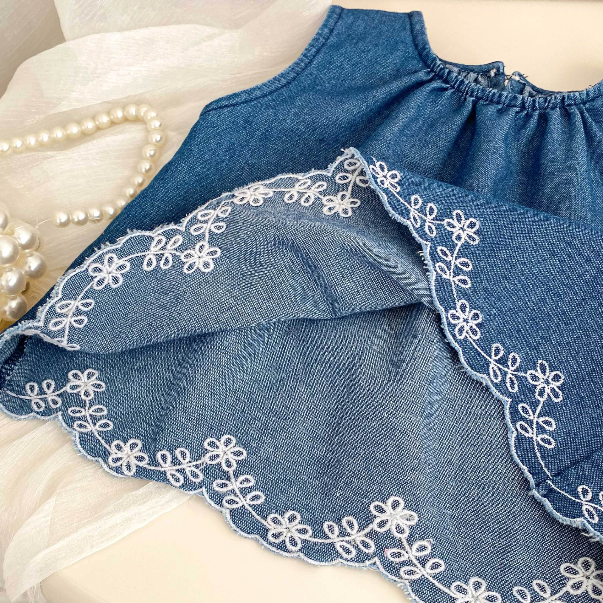 Summer Baby Kids Girls Flowers Pattern Embroidered Sleeveless Top and Pants Denim Clothing Set