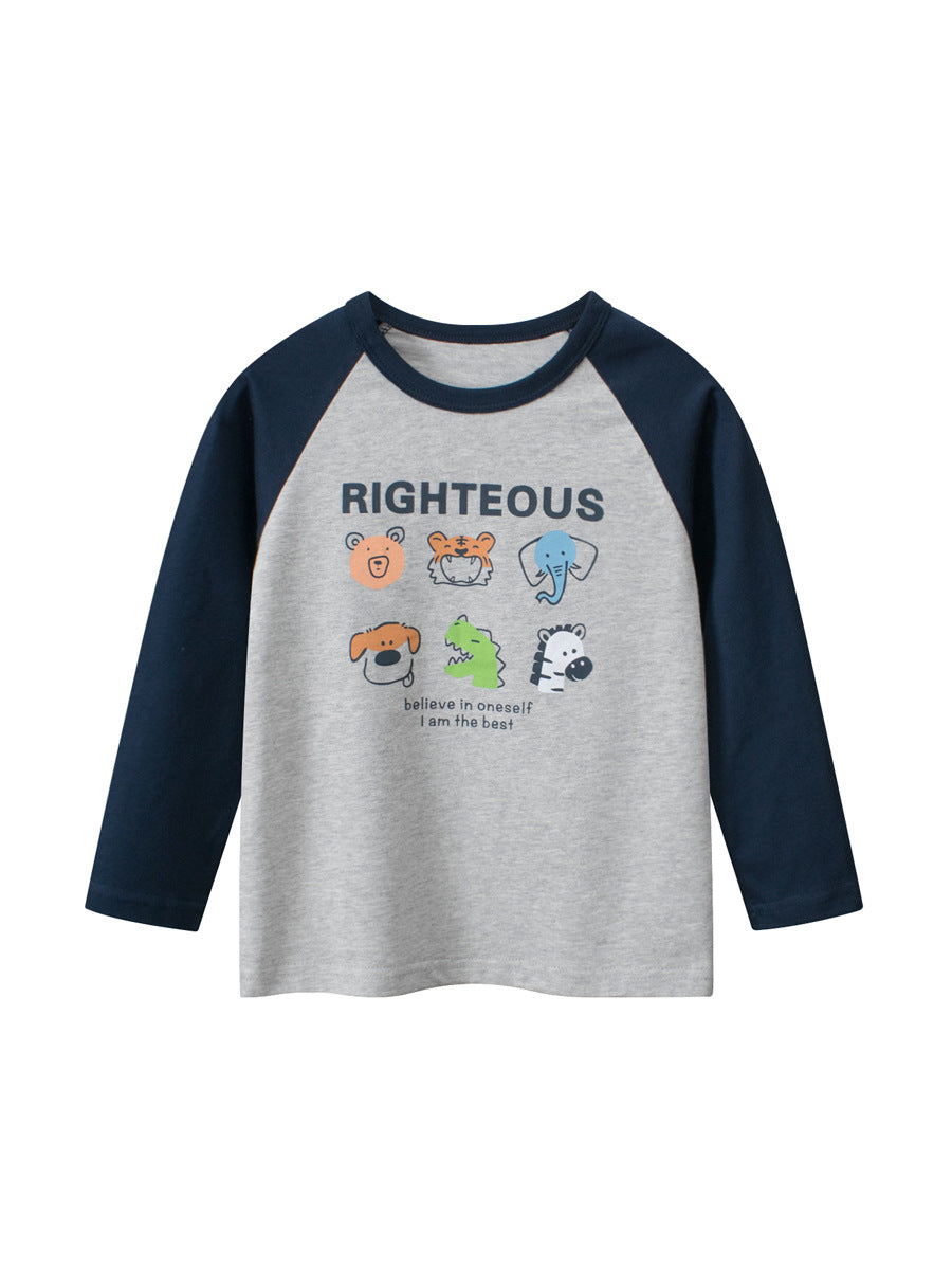 Autumn Baby Boys Letters and Animals Print Color Patchwork Long Sleeves Crew Neck Base Top Shirt