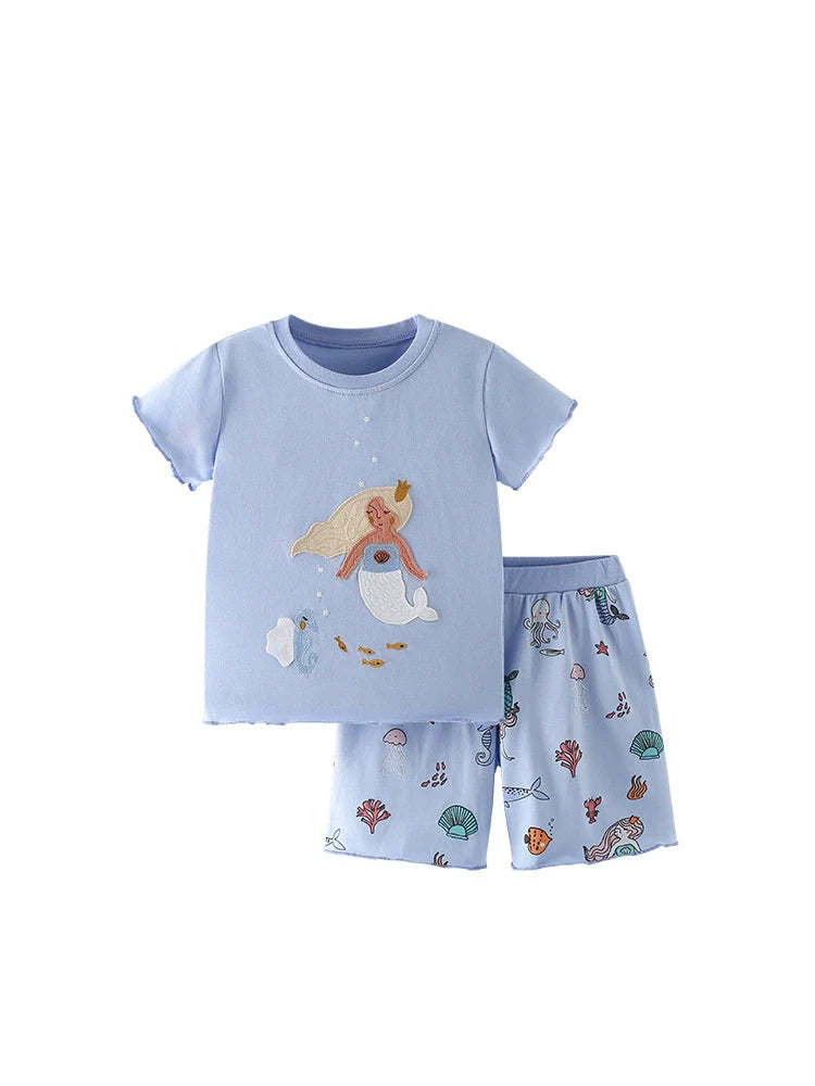 Summer Baby Kids Mermaid and Marine Animals Pattern T-shirt and Shorts Clothing Set for Girls