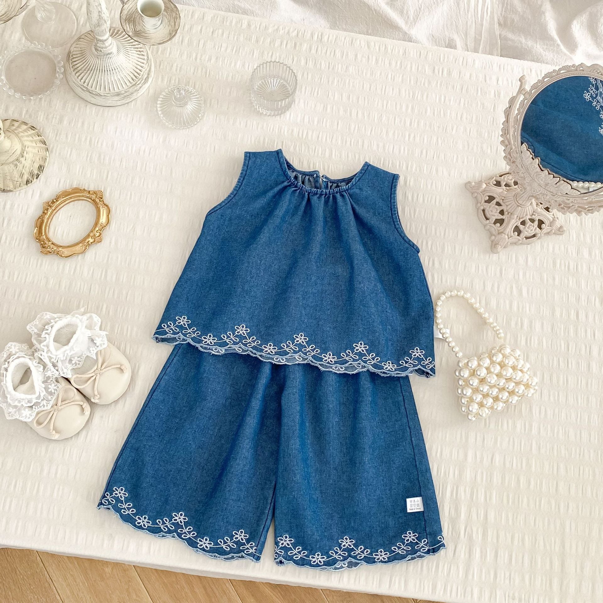 Summer Baby Kids Girls Flowers Pattern Embroidered Sleeveless Top and Pants Denim Clothing Set