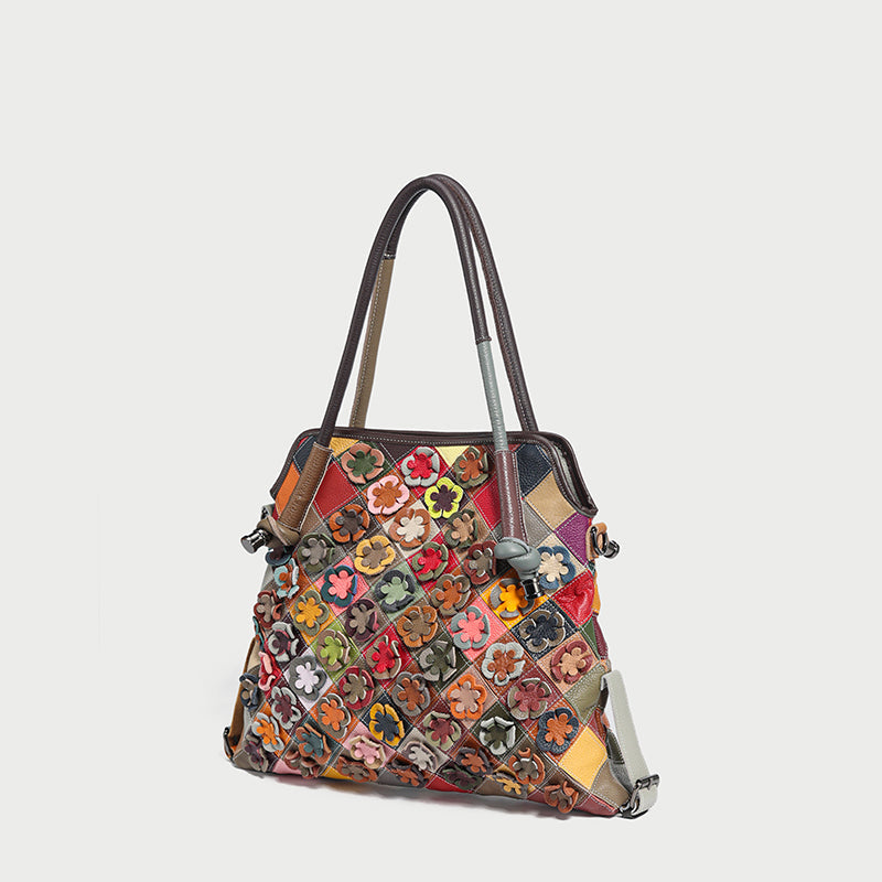 Rainbow Floral Leather Tote Bag