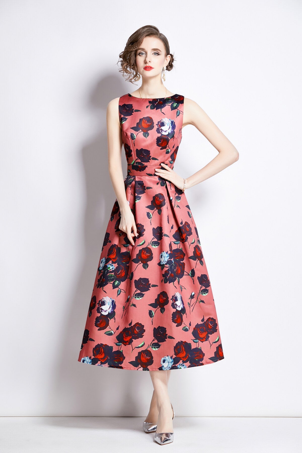 Sleeveless High Waisted Structured Cut A Line Dress