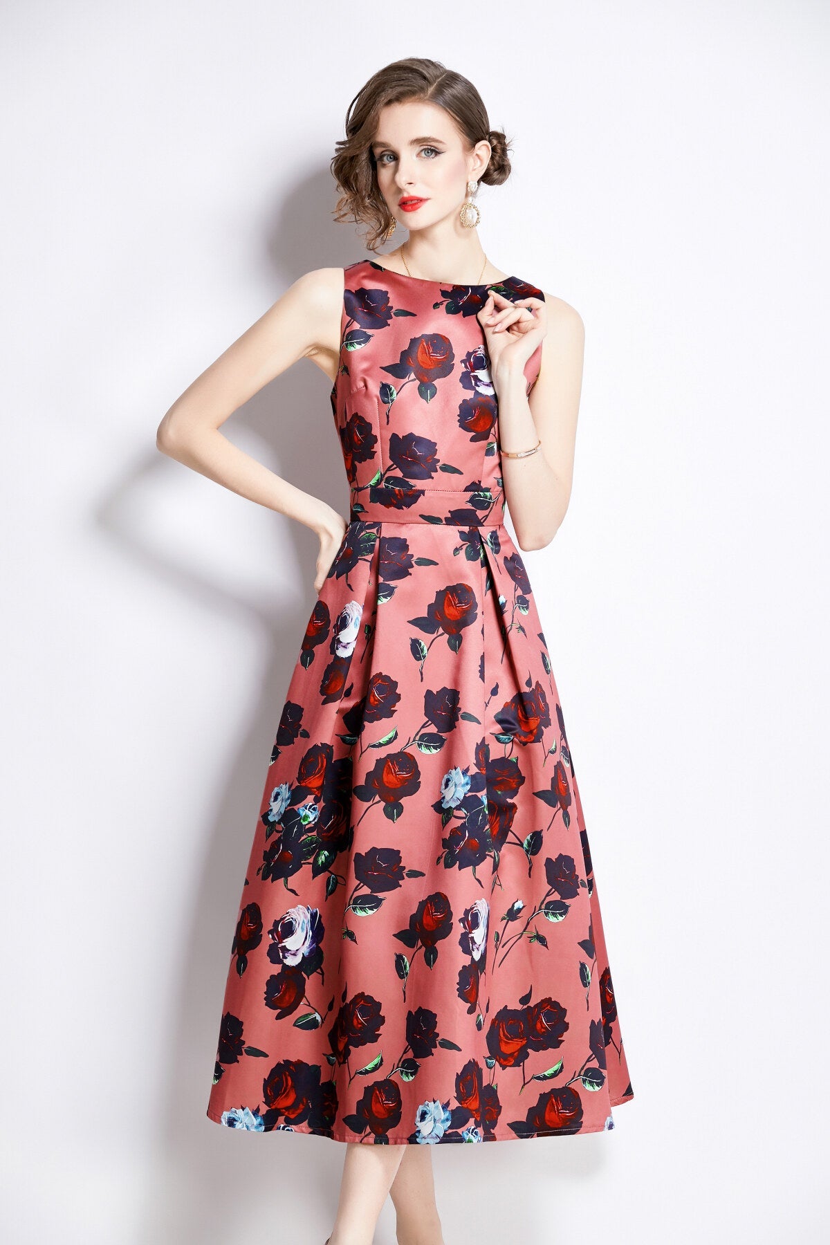 Sleeveless High Waisted Structured Cut A Line Dress