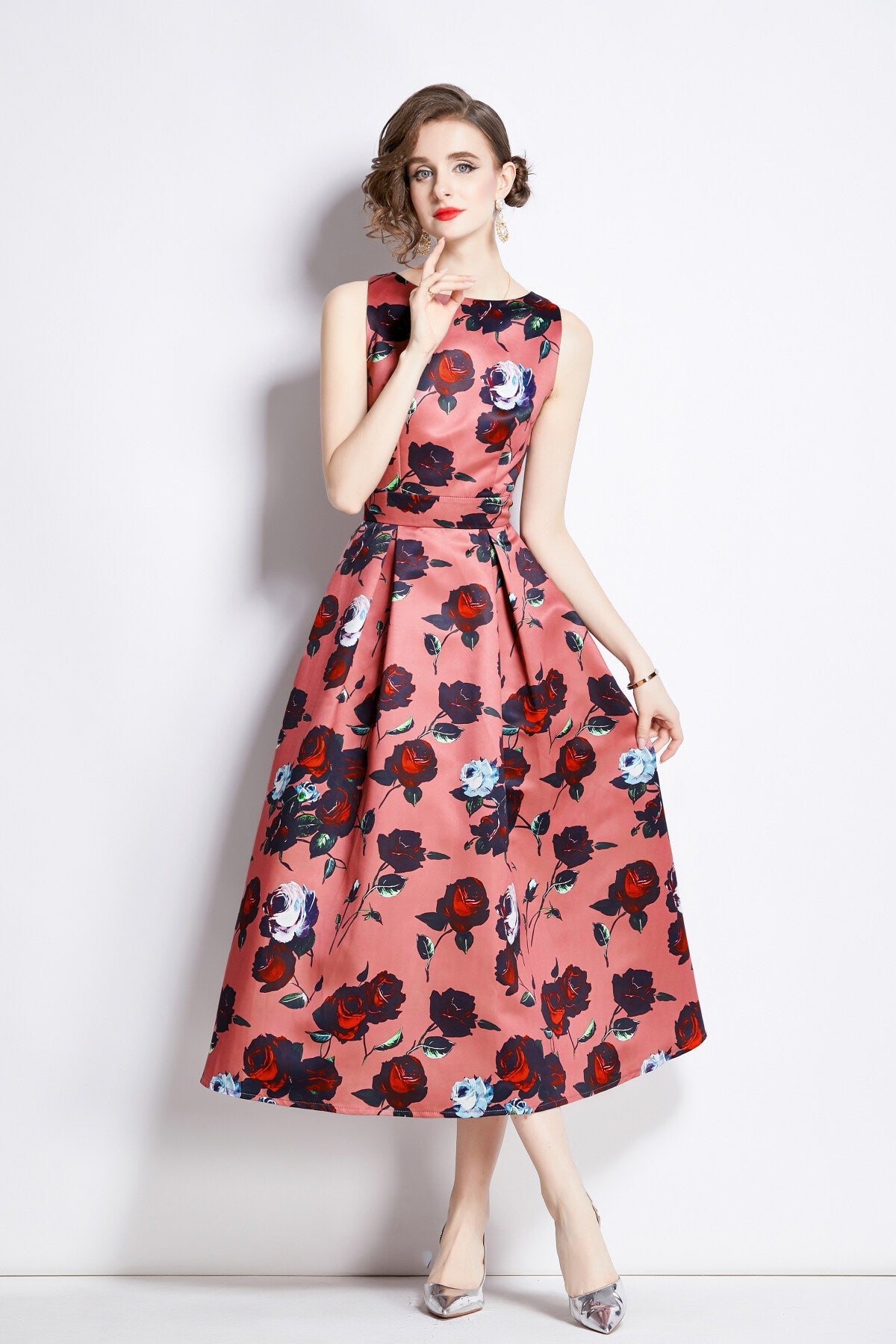 Sleeveless High Waisted Structured Cut A Line Dress