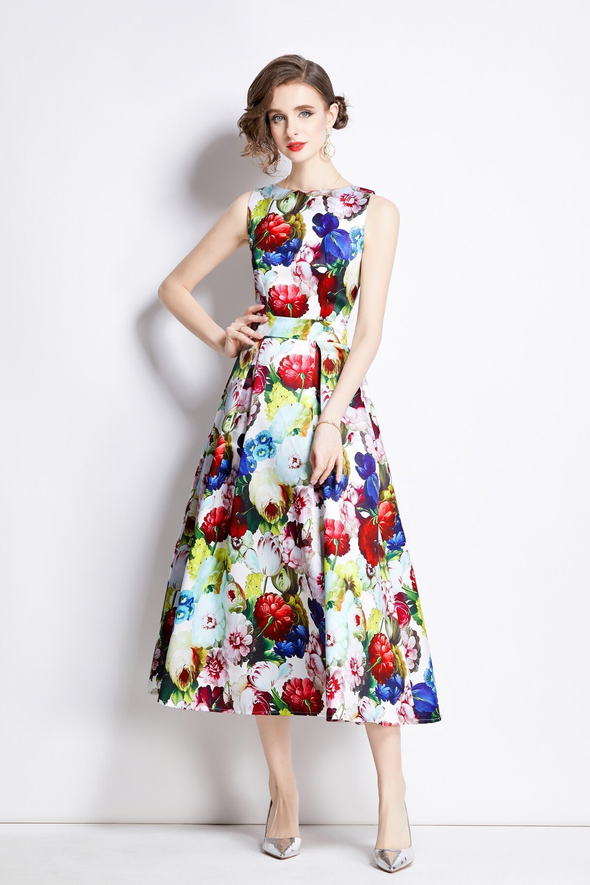 Sleeveless High Waisted Structured Cut A Line Dress