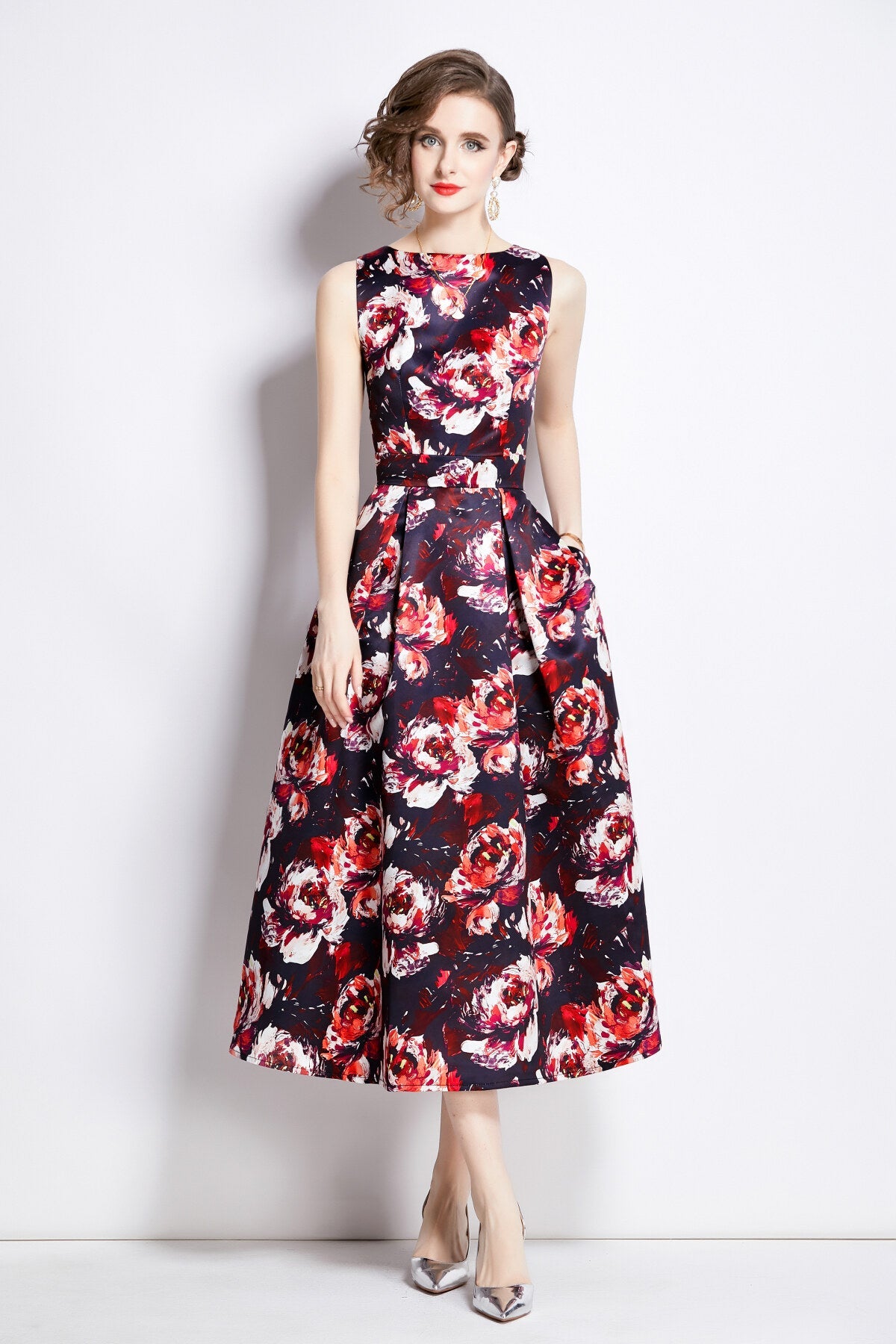 Sleeveless High Waisted Structured Cut A Line Dress