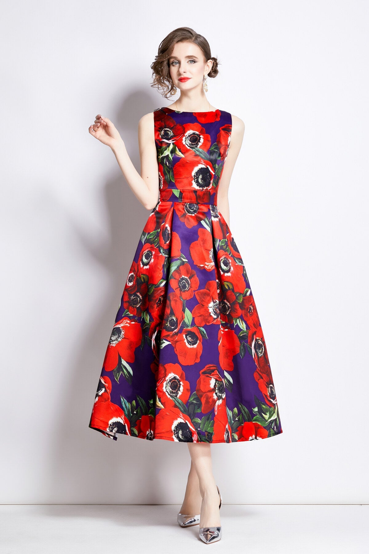 Sleeveless High Waisted Structured Cut A Line Dress