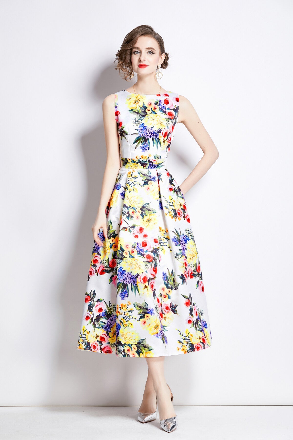 Sleeveless High Waisted Structured Cut A Line Dress