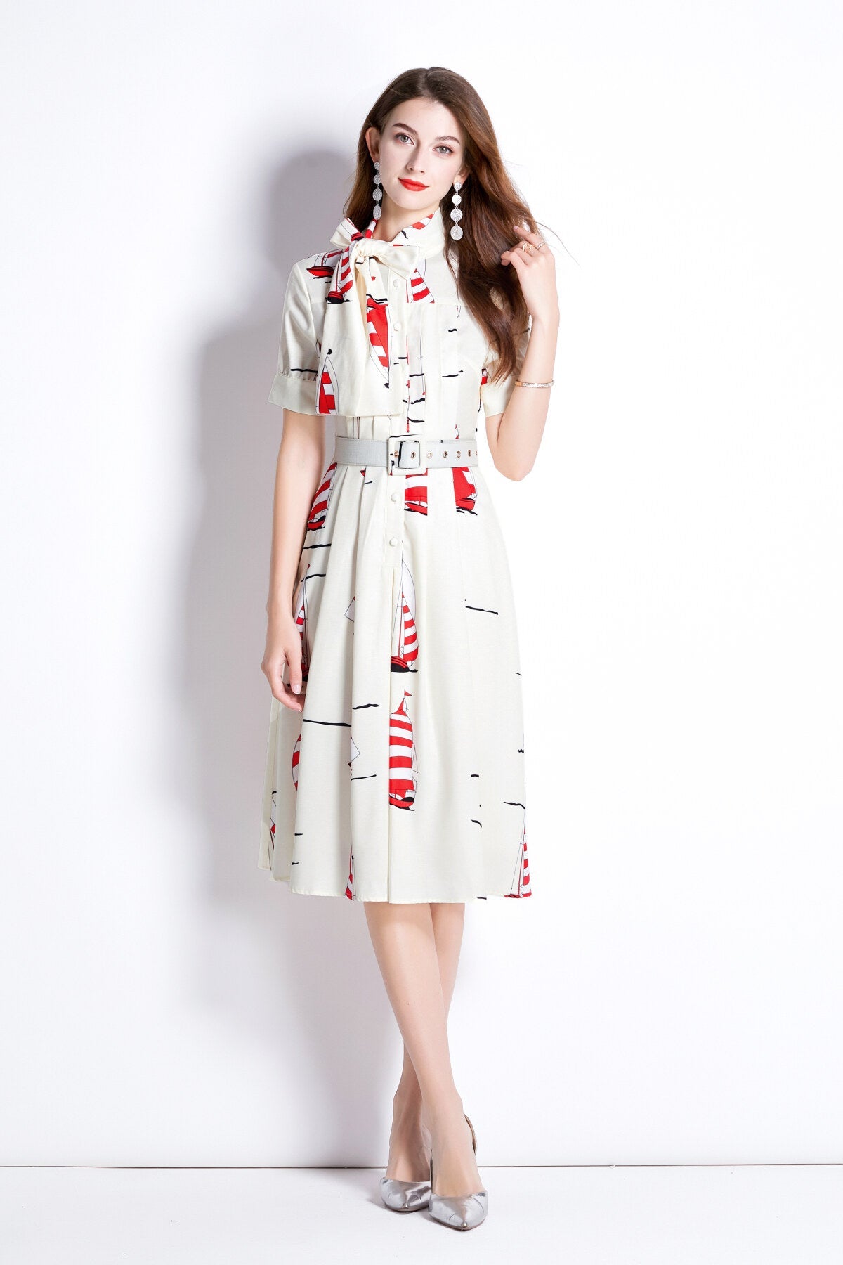 Slim Fit Flattering Sailing French White Flared Dress
