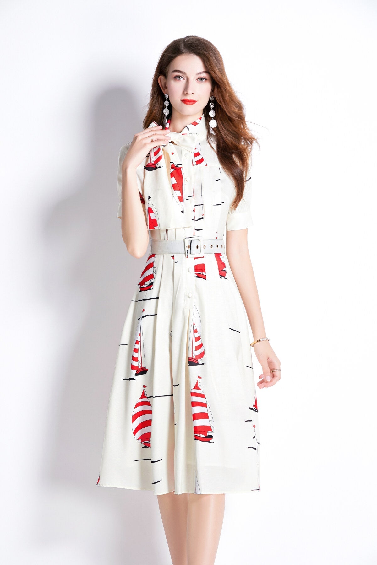 Slim Fit Flattering Sailing French White Flared Dress