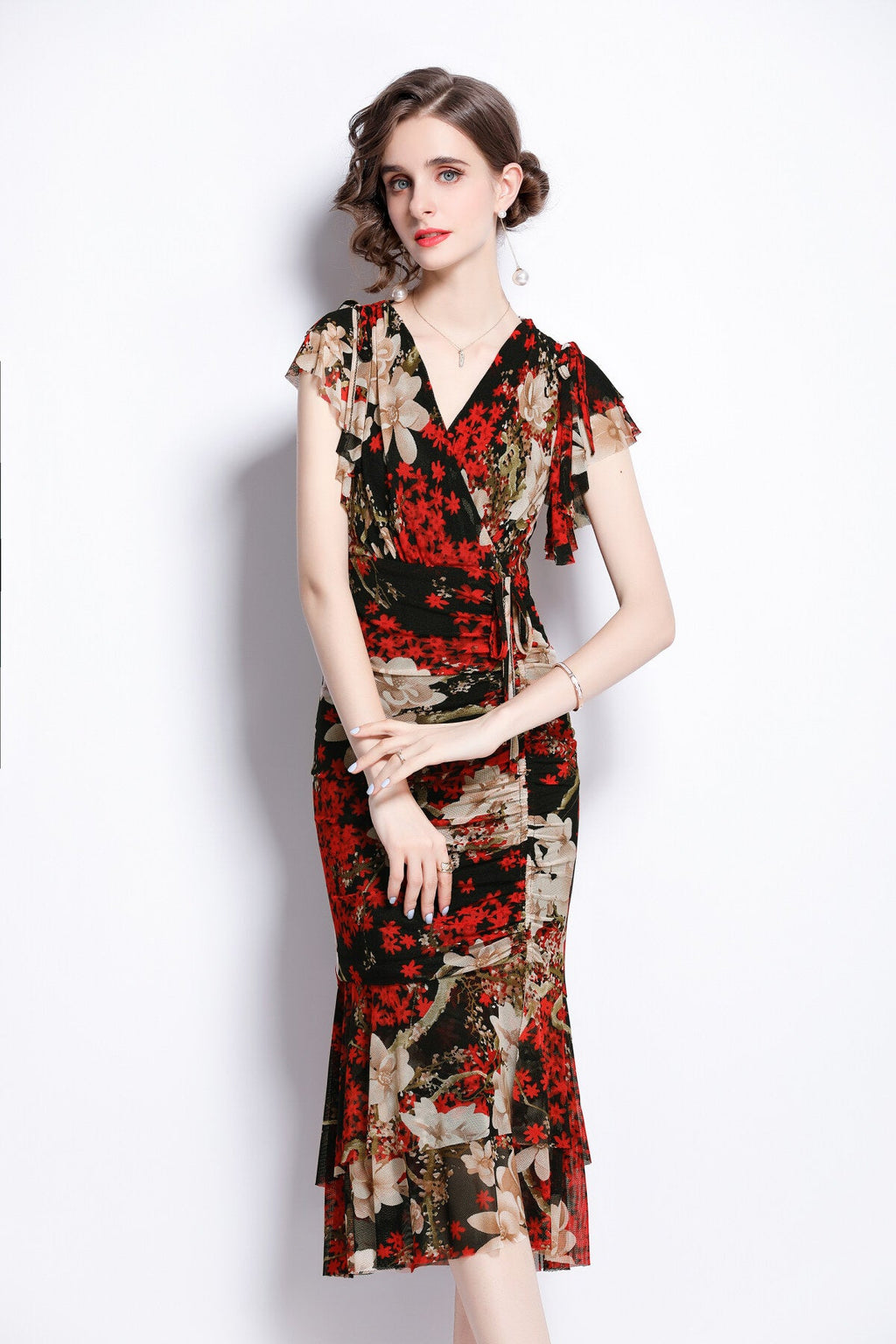 Slim Fit Plunging Neckline Floral Red Bodycon Dress