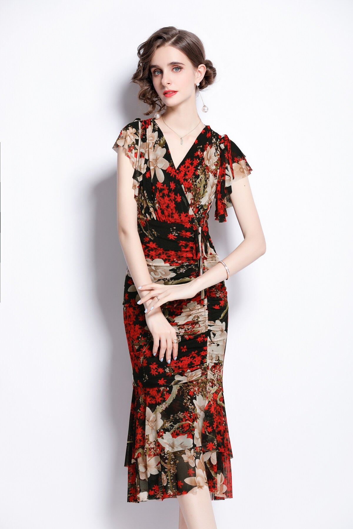 Slim Fit Plunging Neckline Floral Red Bodycon Dress