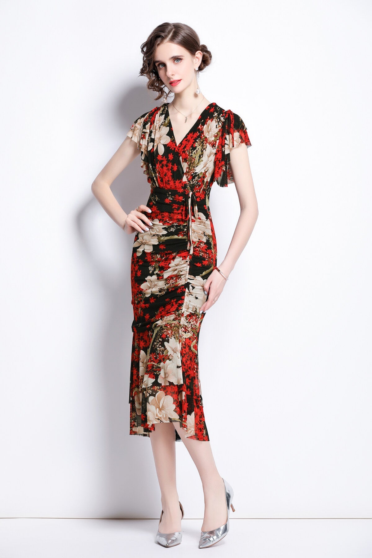 Slim Fit Plunging Neckline Floral Red Bodycon Dress