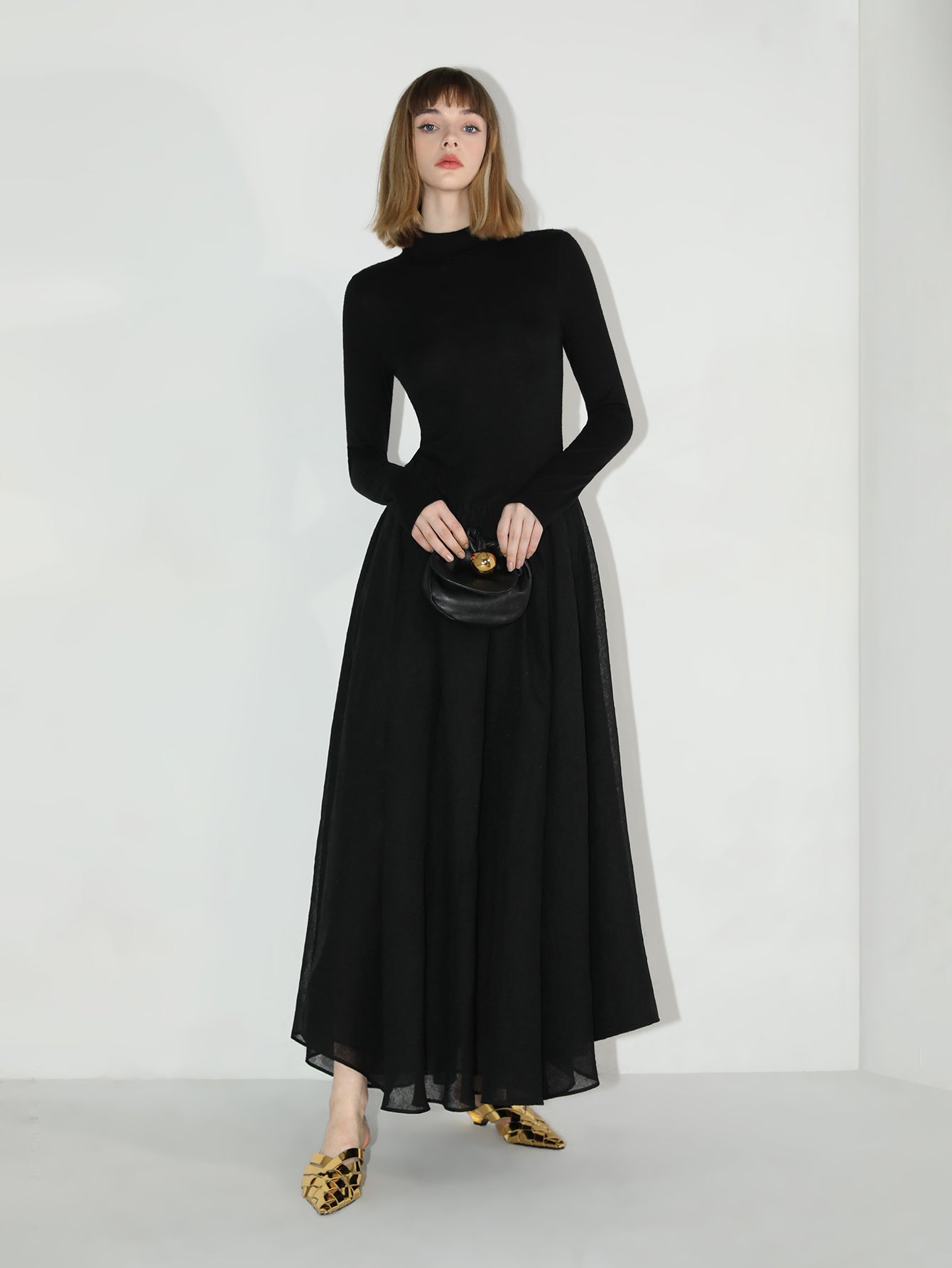 Solid Black Pleated Maxi Dress