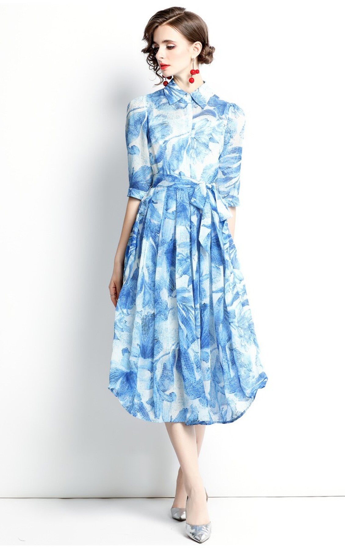 Spring Blue Floral Shirt Dress
