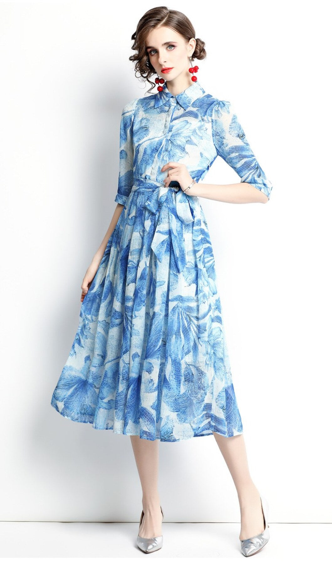 Spring Blue Floral Shirt Dress