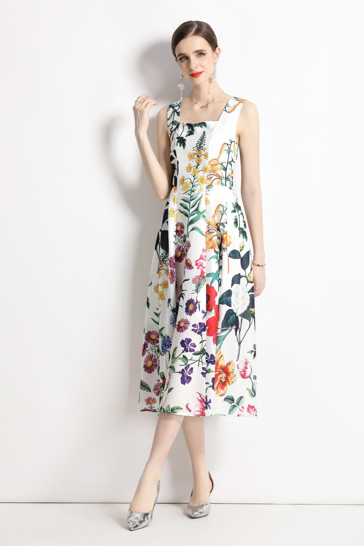 Vintage White Floral High Waisted Thick Strap Dress