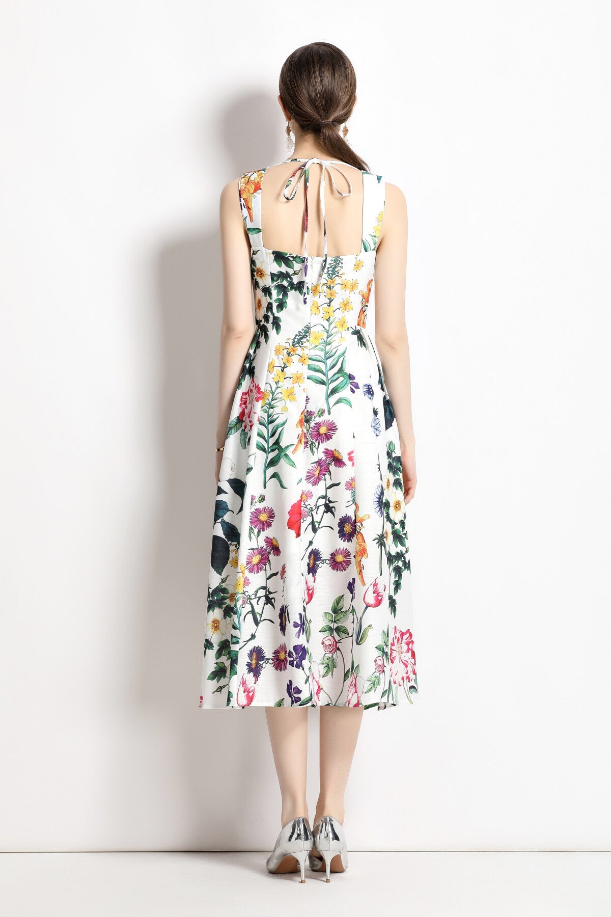 Vintage White Floral High Waisted Thick Strap Dress
